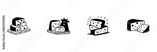 Cheese Illustrations In Hand Drawn Style Set. Dairy Product, Cheese Variety, Food Art Doodle Sketch Collection. Cheese Blocks And Slices. Isolated Vector Illustration