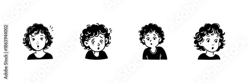 Curly Haired Child With Surprised Expressions In Hand Drawn Style Set. Emotional Reactions, Facial Expressions, Childlike Wonder Doodle Sketch Collection. Isolated Vector Illustration