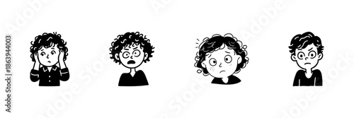 Four Emotional Expressions In Hand Drawn Style Set. Anxiety, Shock, Worry, Anger Doodle Sketch Collection. Facial Reactions And Emotions. Isolated Vector Illustration