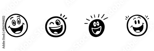 Smiling Face Expressions In Hand Drawn Style Set. Joyful Emotions, Happiness, And Playful Mood Doodle Sketch Collection. Cartoon Character Faces. Isolated Vector Illustration