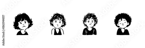 Four Child Faces Displaying Different Emotions In Hand Drawn Style Set. Emotional Expression, Mood Variations, Child Psychology Doodle Sketch Collection. Isolated Vector Illustration