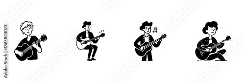 Guitar Players In Hand Drawn Style Set. Musical Performance, Acoustic Instrument, Musician Doodle Sketch Collection. Artistic Expression, Casual Playing. Isolated Vector Illustration