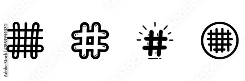 Hashtag Symbol Variations In Hand Drawn Style Set. Social Media, Digital Communication, Online Engagement Doodle Sketch Collection. Icon Diversity And Creativity. Isolated Vector Illustration