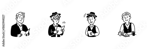 Business Professionals Reading And Writing In Hand Drawn Style Set. Office Work, Communication, And Note-Taking Doodle Sketch Collection. Team Collaboration Concept. Isolated Vector Illustration