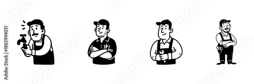 Plumber And Handyman Characters In Hand Drawn Style Set. Home Repair, Maintenance, Plumbing Services Doodle Sketch Collection. Professional Tools And Expertise. Isolated Vector Illustration