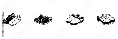 Clog Shoes In Hand Drawn Style Set. Casual Footwear, Comfort, And Versatility Doodle Sketch Collection. Fashionable And Practical Design. Isolated Vector Illustration