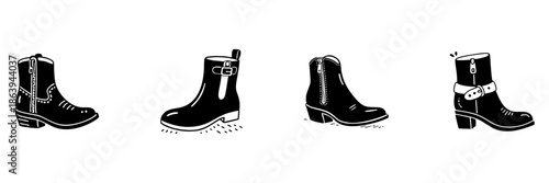 Various Boot Styles In Hand Drawn Style Set. Fashion Footwear, Ankle Boots, And Trendy Shoe Designs Doodle Sketch Collection. Stylish Apparel Illustration. Isolated Vector Illustration