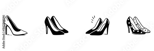 High Heel Shoes Collection In Hand Drawn Style Set. Fashion Footwear, Elegant Stiletto, Stylish Pumps Doodle Sketch Collection. Trendy Women'S Shoes. Isolated Vector Illustration