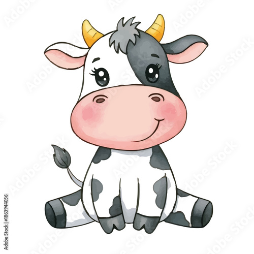 A funny cute cow cartoon standing alone on a white farm background