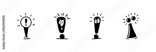 Exclamation Mark Characters In Hand Drawn Style Set. Expressive Alert, Surprise, And Emphasis Doodle Sketch Collection. Creative Communication Symbols. Isolated Vector Illustration