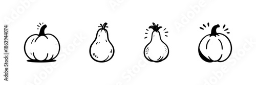 Pumpkin And Gourd Icons In Hand Drawn Style Set. Autumn Harvest, Thanksgiving, Seasonal Vegetables Doodle Sketch Collection. Rustic Fall Theme. Isolated Vector Illustration