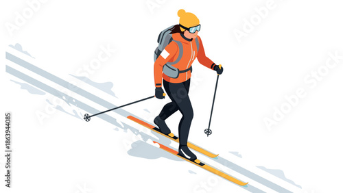 Isometric cross country skiing in winter gear on snow