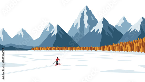 Majestic mountain scenery with skier amidst snow and autumn trees