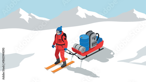 Isometric ski adventure: explorer pulling sled with supplies in snowy mountain landscape