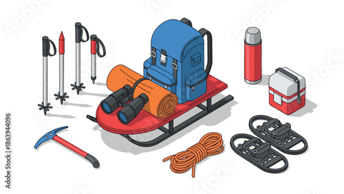 Isometric winter camping gear with sled and backpack in flat design