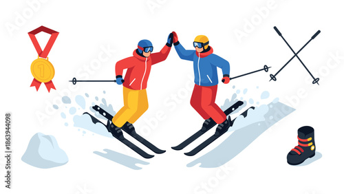 Winter sports celebration: high-five between skiers in snowy landscape with medal and gear