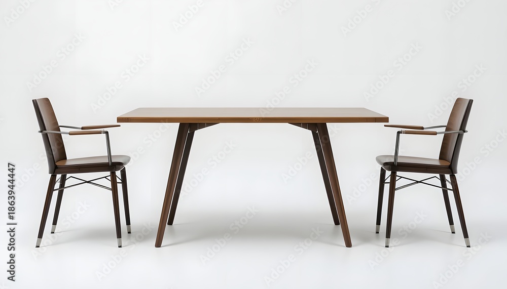 Fototapeta premium Modern wooden table with two chairs viewed from the front in a minimalist white environment