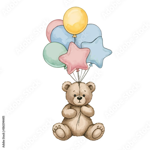 A cute brown teddy bear holding colorful balloons and sitting softly like a lovely gift for a child