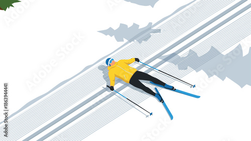 Skier in yellow jacket relaxing on snowy slope in flat design