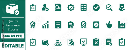 Clean line Quality Assurance icon set with 24 symbols for inspection, approval, validation and workflow control. Ideal for professional business UI, apps, dashboards, websites and documentation.