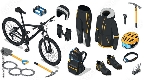 Isometric mountain biking gear and accessories collection