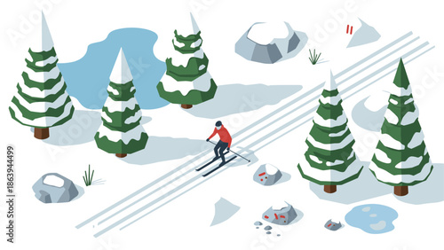 Isometric winter landscape with cross-country skier and snowy trees