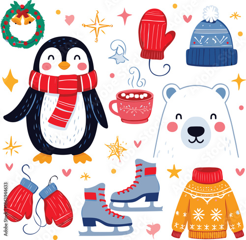 Winter holiday elements with penguin polar bear hat mittens and skates