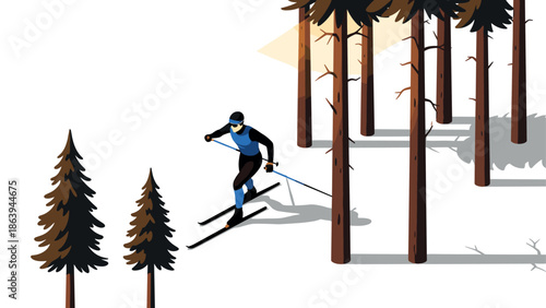Isometric skiing scene with skier navigating through sunlit forest in winter