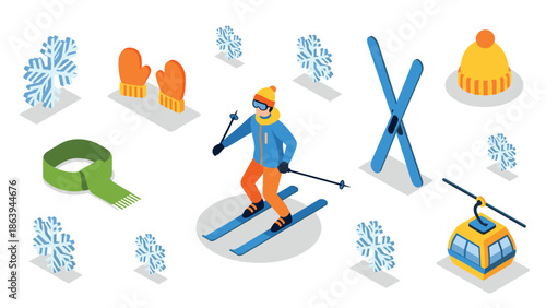 Winter sports fun with skier and ski equipment in isometric style