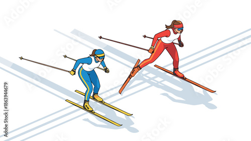 Dynamic cross country skiers in colorful uniforms racing in winter sports scene