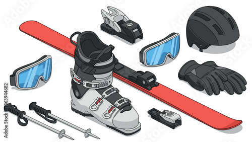 Essential flat design ski equipment: boots, helmet, goggles, and more