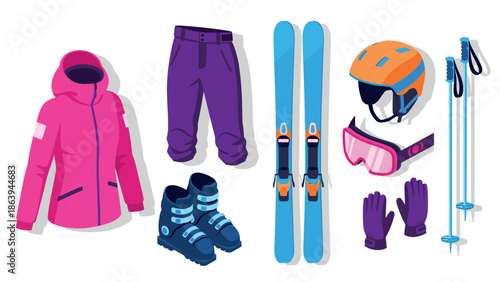 Winter sports equipment set: jackets, skis, boots, and accessories in flat design