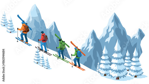 Adventurers climbing snowy mountain with skis and gear in isometric winter scene