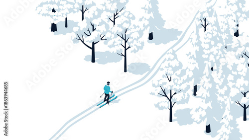 Winter adventure: skier navigating snowy forest in minimalist isometric style