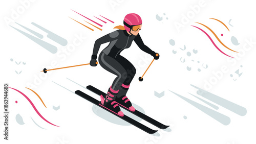 Isometric winter skiing adventure with female skier in motion