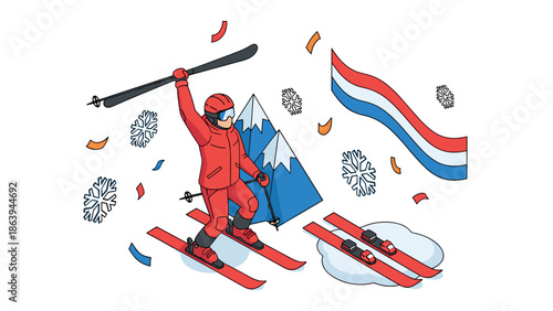 Isometric skiing enthusiast with vibrant colors and winter elements