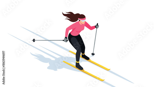 Isometric female skier in motion with snowy shadow and wind effect