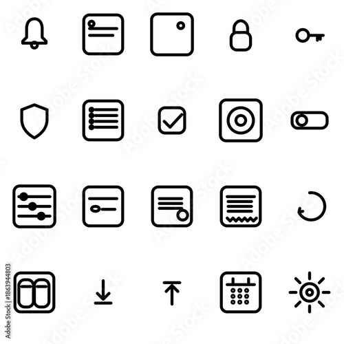 Operations, alerts, security & billing controls UI icon set - rounded outline SVG sheet (20 icons)