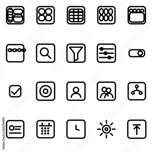 Admin layout & navigation structures (panels, sidebars, tables, cards) UI icon set - rounded outline SVG sheet (20 icons)