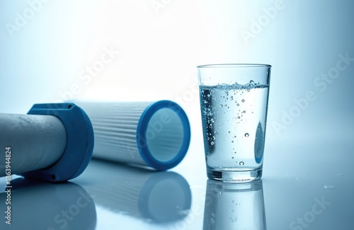 Water purification filters next to glass of clear water with bubbles. Clean H2O for healthy life. Home appliance for pure drinking water treatment.