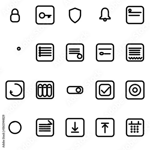 Ops, alerts, security & billing for accounts (locks, badges, invoices, subscriptions) UI icon set - rounded outline SVG sheet (20 icons)