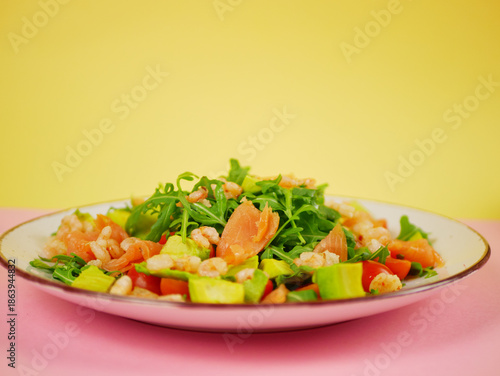 Wallpaper Mural Side view salmon shrimp avocado arugula salad arranged for a healthy step by step recipe showing balanced ingredient composition. pro photo Torontodigital.ca