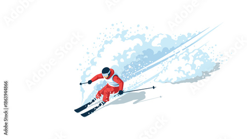 Dynamic skier carving through powder snow in vibrant winter setting