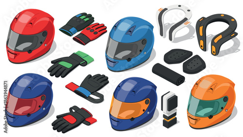Motorcycle gear collection: helmets, gloves, armor in modern isometric design