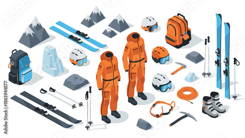 Isometric winter sports gear and equipment for mountain climbing and skiing adventure