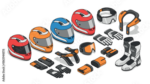 Colorful motorcycle gear set with helmets, gloves, boots, and accessories in isometric style