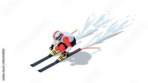 Dynamic isometric skiing action with snow trails and racer in motion