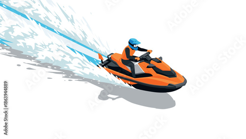 Dynamic isometric jet skiing adventure with splashing water trail