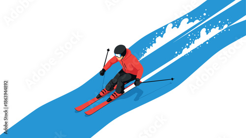 Dynamic winter sports scene featuring skier in vibrant cold weather gear on blue slopes