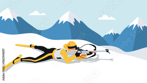 Biathlon athlete in alpine landscape aiming rifle on snowy mountains